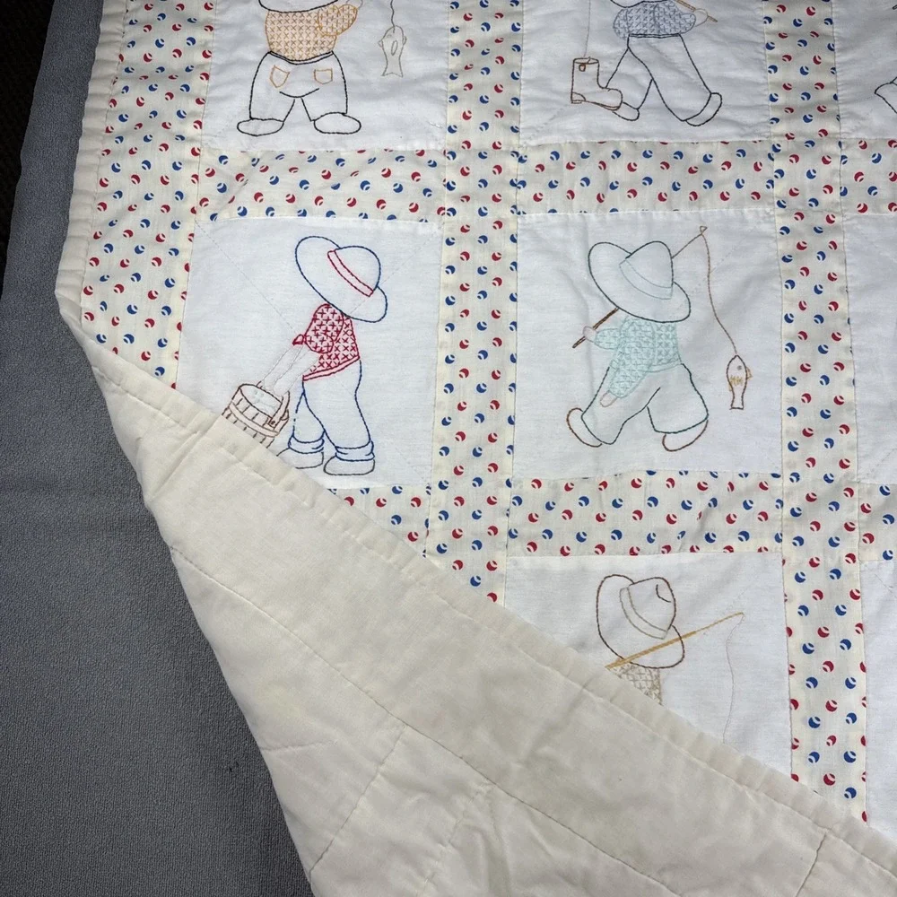 Adorable Vintage Baby Quilt Hand Embroidered and Quilted 40X36